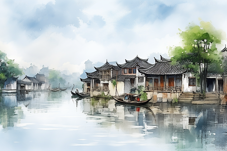 水墨江南水乡粉墙黛瓦插画