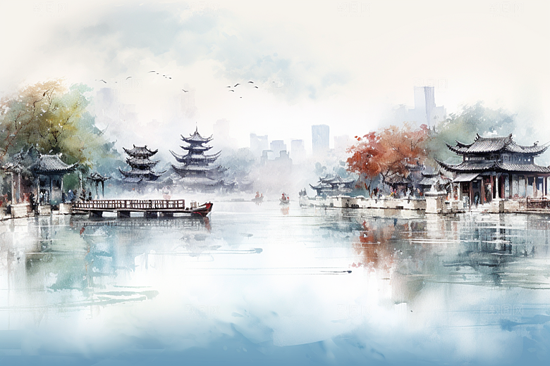 水墨江南中式小桥流水插画