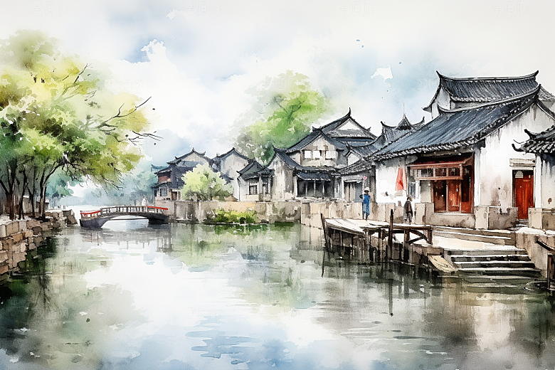 水墨江南粉墙黛瓦小镇插画
