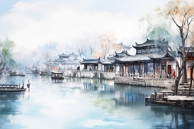 水墨江南中式小桥流水插画