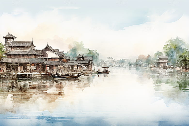 水墨江南小镇中国风插画