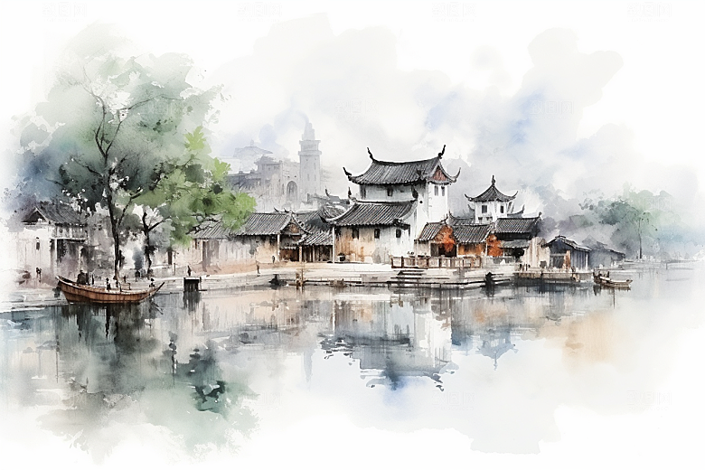 水墨江南小镇水乡插画