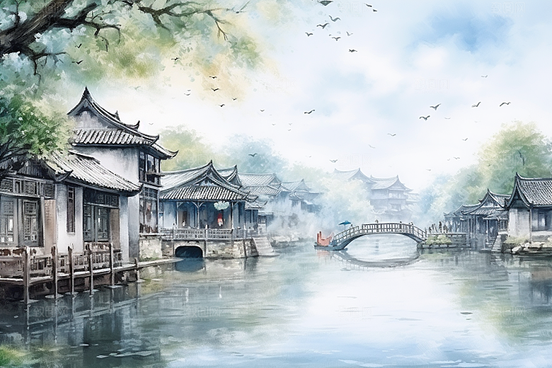 水墨江南小桥流水中国风插画