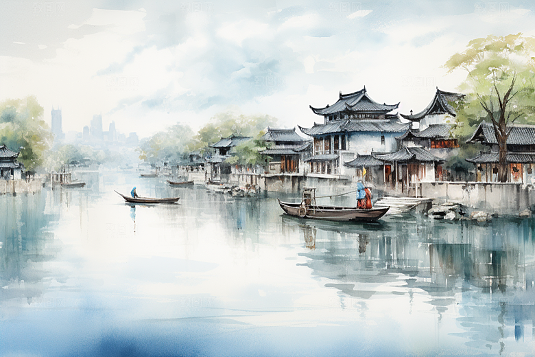 水墨江南水彩中国风插画