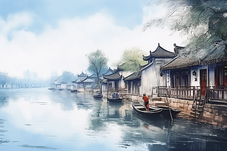 水墨江南手绘水彩插画