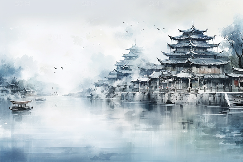 水墨江南水彩晕染插画