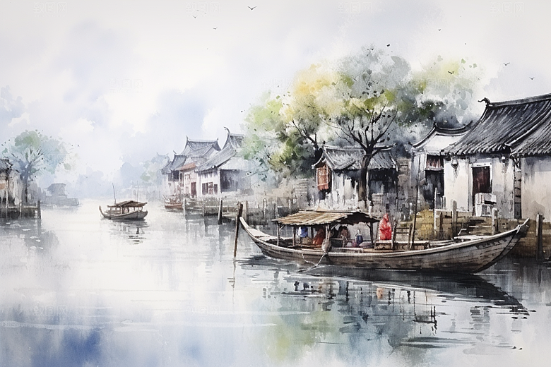 水墨江南中式小桥流水插画