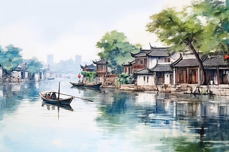 水墨江南手绘晕染插画