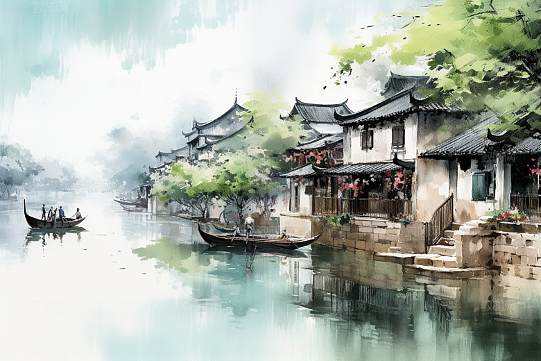 水墨江南晕染粉墙黛瓦插画