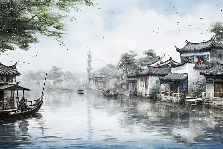 水墨江南手绘粉墙黛瓦插画