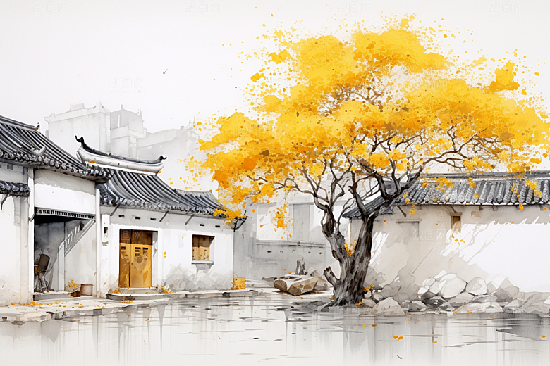 水墨江南水乡小桥流水插画