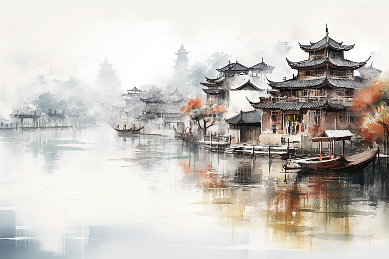 水墨江南晕染中式插画