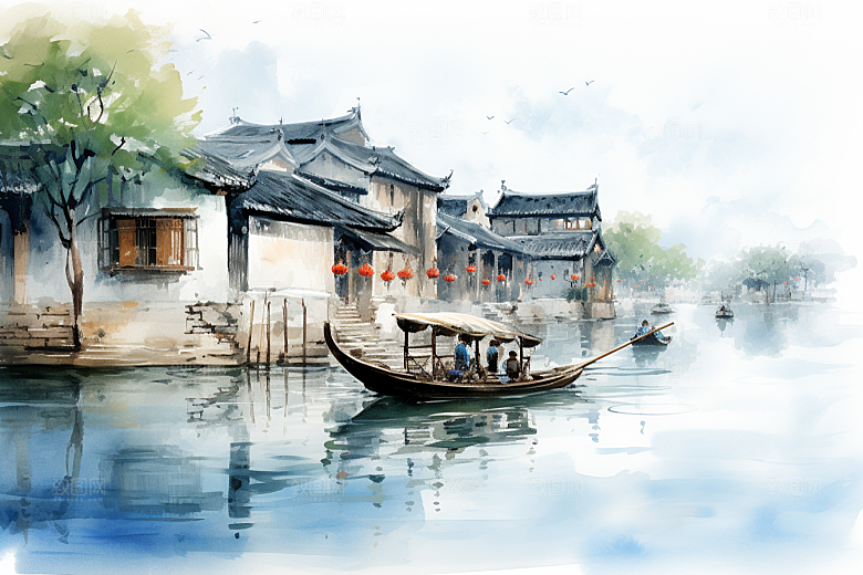 水墨江南中国风小桥流水插画