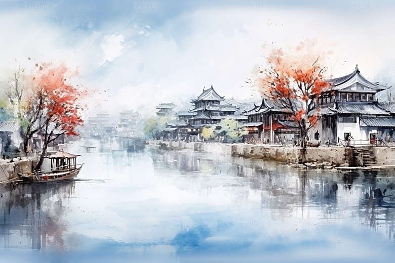 水墨江南手绘水乡插画