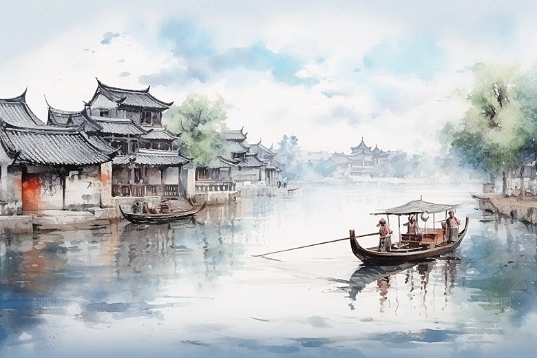 水墨江南小桥流水粉墙黛瓦插画