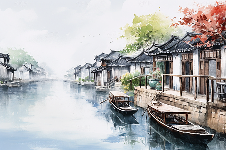 水墨江南小镇中式插画