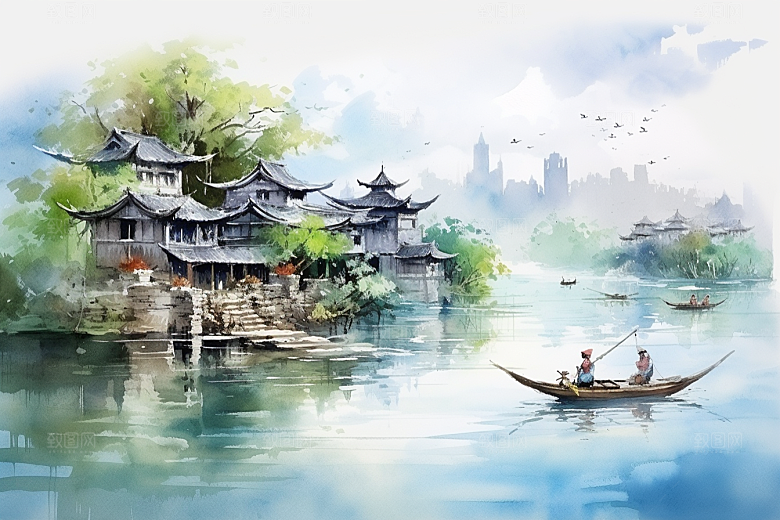 水墨江南中国风中式插画