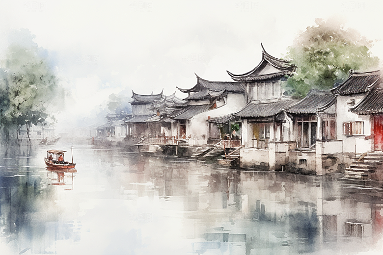水墨江南水乡晕染插画