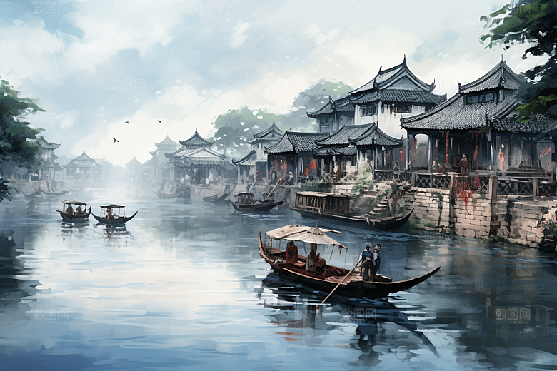 水墨江南中式小桥流水插画