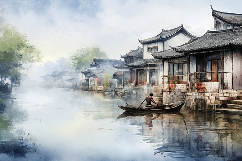 水墨江南小桥流水小镇插画