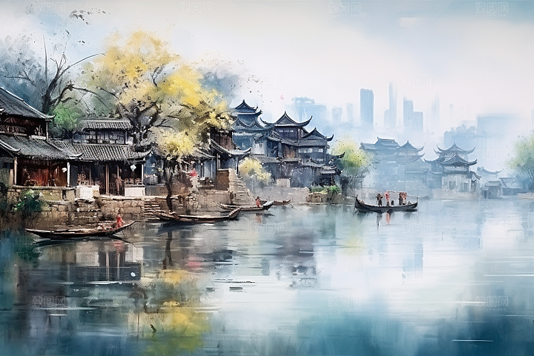 水墨江南中国风晕染插画