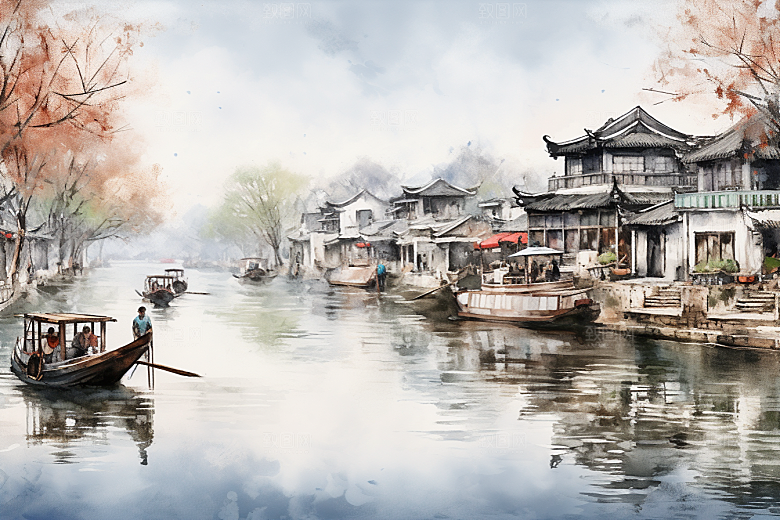 水墨江南小桥流水粉墙黛瓦插画