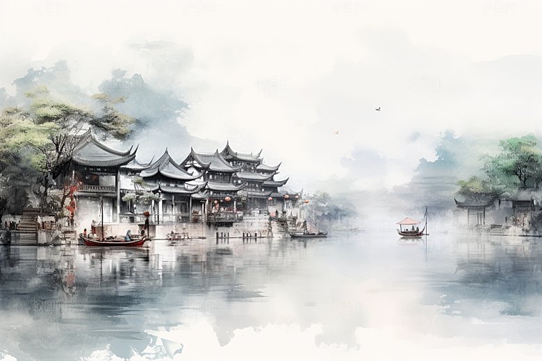 水墨江南小镇手绘插画