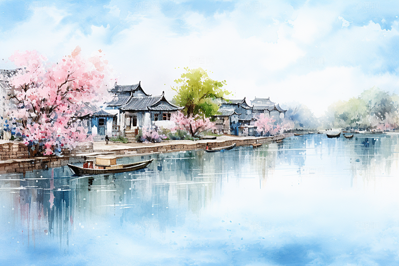 水墨江南小桥流水粉墙黛瓦插画