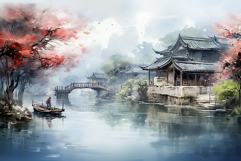 水墨江南水彩中式插画