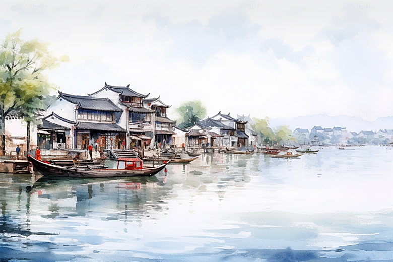 水墨江南水乡小镇插画