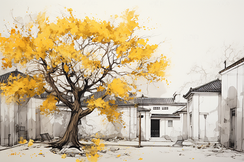 水墨江南小镇手绘插画