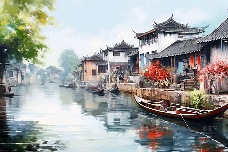 水墨江南中式水乡插画