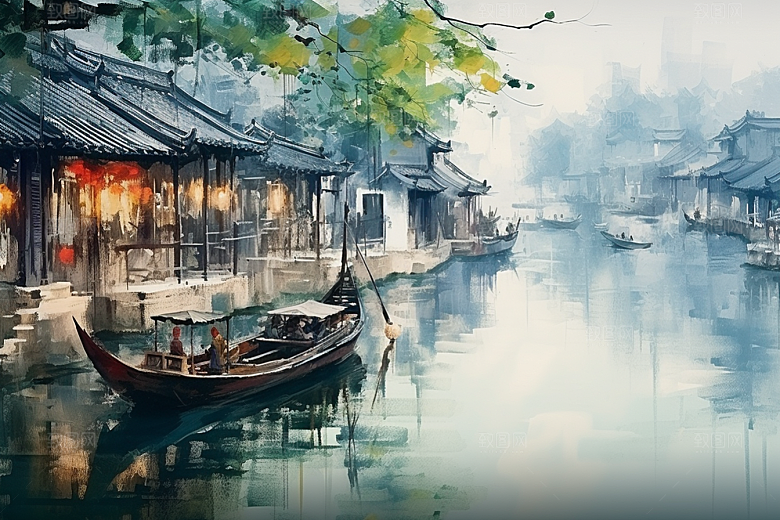 水墨江南水乡小镇插画