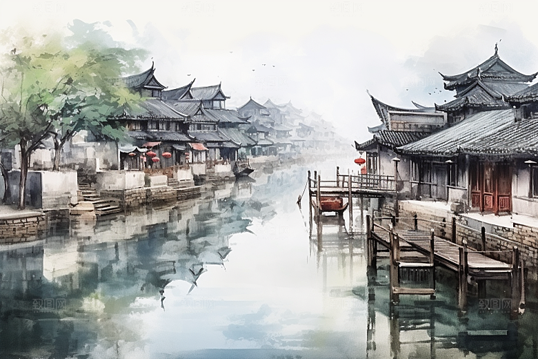 水墨江南中式水乡插画