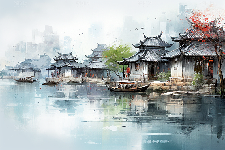 水墨江南手绘晕染插画