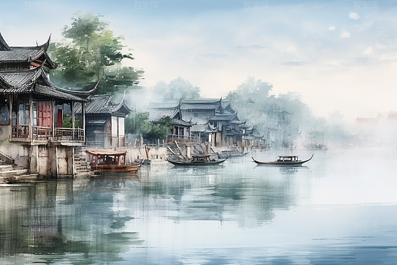 水墨江南小桥流水水彩插画