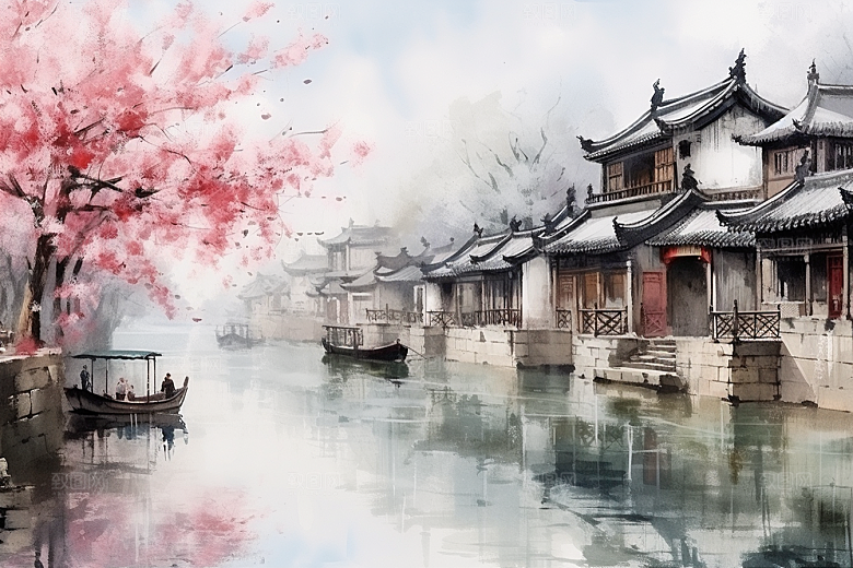 水墨江南小镇粉墙黛瓦插画