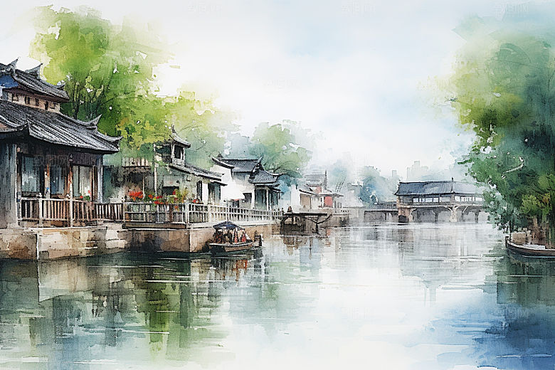 水墨江南手绘水乡插画