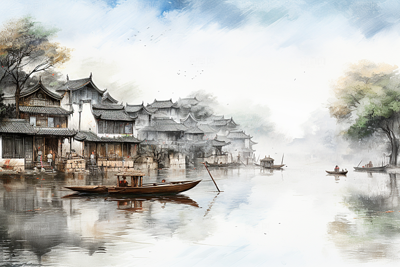 水墨江南小镇中国风插画