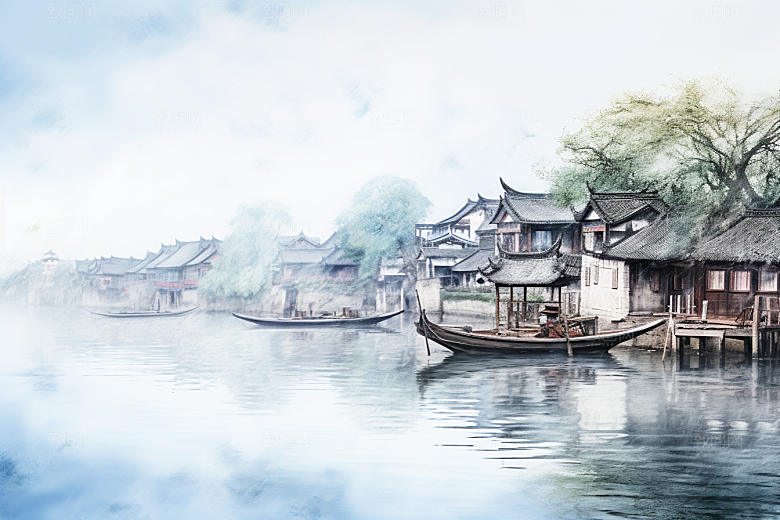 水墨江南手绘晕染插画