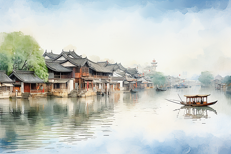 水墨江南手绘小桥流水插画