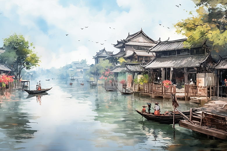 水墨江南晕染粉墙黛瓦插画