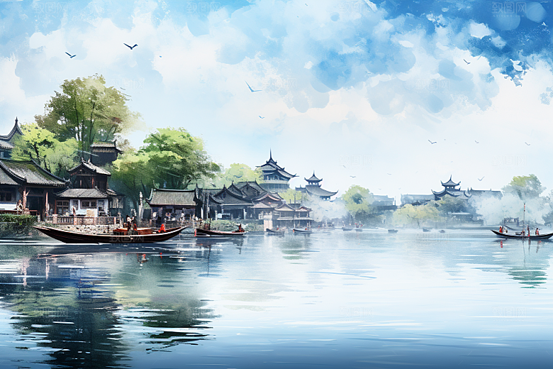 水墨江南手绘小镇插画