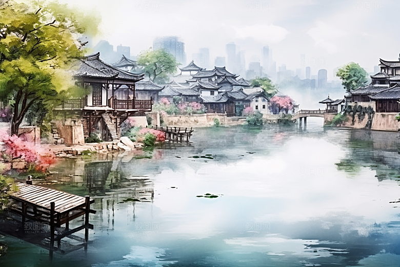 水墨江南中式粉墙黛瓦插画