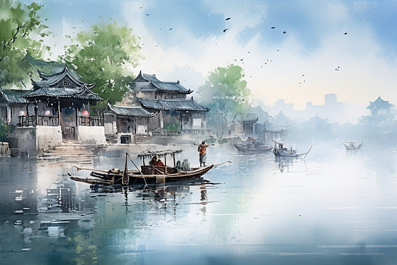 水墨江南粉墙黛瓦水彩插画