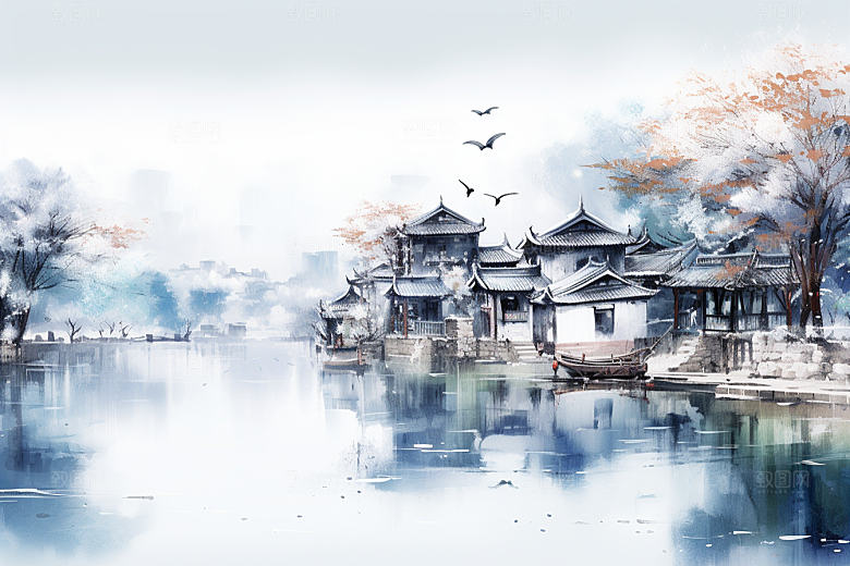 水墨江南晕染水乡插画