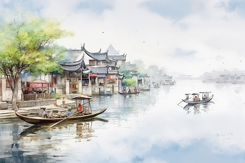 水墨江南手绘水乡插画