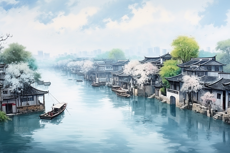 水墨江南中式手绘插画