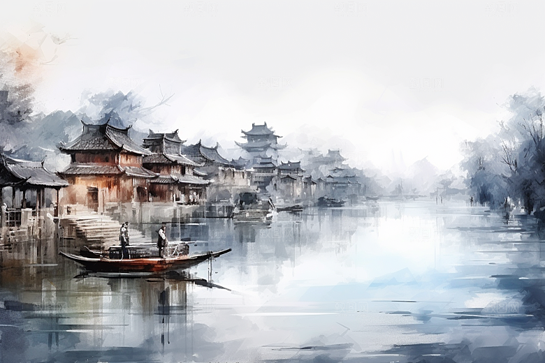 水墨江南小桥流水小镇插画