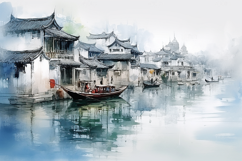 水墨江南水彩中式插画